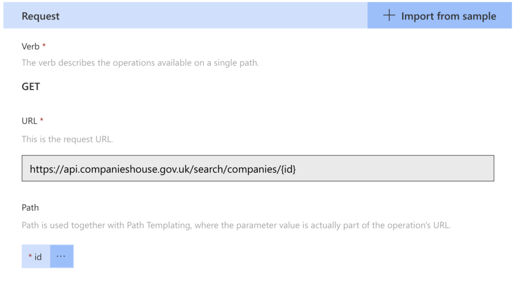 Custom Connector Request Example showing ID parameter